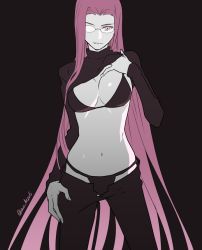 Rule 34 | 1girl, ao (sodalite), bikini, black bikini, breasts, clothes lift, fate/stay night, fate (series), flat color, glasses, large breasts, lifting own clothes, long hair, medusa (fate), medusa (rider) (fate), navel, official alternate costume, purple eyes, purple hair, shirt lift, solo, sweater, swimsuit, very long hair