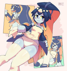 Rule 34 | 1girl, apron, apron lift, blue eyes, blue skin, blush, chichibu (watson), clothes lift, colored sclera, colored skin, embarrassed, female focus, fins, minette (skullgirls), monster girl, one eye closed, open mouth, panties, skullgirls, solo, thighhighs, underwear, white panties, white thighhighs, yellow sclera