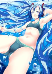 Rule 34 | 1girl, :d, air bubble, armpits, beamed quavers, bikini, blue eyes, blue hair, bubble, cameltoe, hatsune miku, headphones, highres, long hair, matching hair/eyes, musical note, musical note print, navel, open mouth, smile, solo, staff (music), sukage, swimsuit, treble clef, twintails, underwater, very long hair, vocaloid