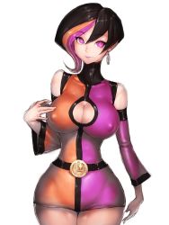Rule 34 | bare shoulders, black hair, breasts, cleavage, commentary request, covered erect nipples, dc comics, duo damsel, fumio (rsqkr), hip focus, large breasts, legion of superheroes, looking at viewer, luornu durgo, multicolored hair, orange hair, purple eyes, purple hair, simple background, smile, solo, triplicate girl, white background, wide hips