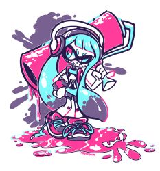 Rule 34 | 1girl, crayon-chewer, headphones, highres, inkling player character, long hair, md5 mismatch, monster girl, nintendo, paint roller, roller, solo, splat roller (splatoon), splatoon (series), spot color, tentacle hair, tongue, twintails