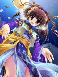 Rule 34 | 1girl, brown eyes, brown hair, female focus, from below, gradient background, hair ornament, highres, kazuki hiyori, open mouth, outdoors, sangokushi taisen, sky, smile, solo, xiao qiao