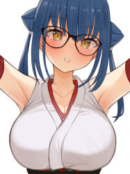Rule 34 | 1girl, armpits, arms up, black-framed eyewear, blue hair, breasts, brown eyes, choco tanuki, cleavage, collarbone, glasses, highres, japanese clothes, large breasts, lips, long hair, looking at viewer, miko, nijisanji, parted lips, solo, upper body, virtual youtuber, yamagami karuta