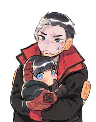 Rule 34 | 1boy, 1girl, animal print, animification, apex legends, bat print, black gloves, black hair, black jacket, blue eyes, chibi, crypto (apex legends), deadly byte crypto, gloves, grey hair, holding person, hood, hooded jacket, husagin, jacket, lightning bolt symbol, looking to the side, multicolored hair, official alternate costume, red headwear, red jacket, streaked hair, upper body, wattson (apex legends), white background, winged menace wattson