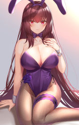 Rule 34 | 1girl, absurdres, animal ears, bare arms, bare shoulders, blush, bow, bowtie, breasts, brown hair, brown pantyhose, cleavage, collarbone, detached collar, fake animal ears, fate/grand order, fate (series), feet out of frame, gradient background, hairband, hand on own chest, highleg, highleg leotard, highres, komainu (yamaha1997), large breasts, leotard, looking at viewer, official alternate costume, pantyhose, parted lips, pink eyes, playboy bunny, purple bow, purple bowtie, purple hairband, rabbit ears, scathach (fate), scathach (piercing bunny) (fate), sitting, smile, solo, thigh strap, wrist cuffs, yokozuwari