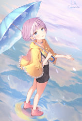 Rule 34 | 1girl, artist name, black shorts, blue hair, boots, bow, cape, capelet, cloud, day, frilled capelet, frills, full body, highres, holding, holding umbrella, jewelry, la campanella, looking at viewer, necklace, open mouth, original, parasol, pink footwear, pink hair, rain, short hair, shorts, solo, standing, standing on liquid, umbrella, water drop, yellow capelet