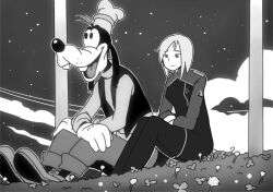 Rule 34 | 1boy, 1girl, ariane yeong, bob cut, cloud, commentary, crossover, disney, english commentary, field, flower, flower field, furry, furry male, goofy, greyscale, hands on own knees, hat, highres, meme, moapoyon, monochrome, night, night sky, open mouth, penrose triangle, signalis, sitting, sky, smile, star (sky), starry sky, third-party edit, uniform, white hair