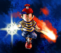 Rule 34 | 1boy, baseball bat, baseball cap, fire, glowing, glowing eyes, hat, male focus, mother (game), mother 2, mushroom, nintendo, piko (osso), psychic, red eyes, shoes, shorts, sneakers, socks, solo, striped