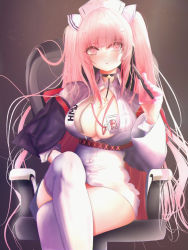 Rule 34 | 1girl, azur lane, breasts, center opening, chair, cross hair ornament, dress, gloves, hair ornament, half gloves, hat, holding, holding pen, id card, lanyard, large breasts, long hair, microdress, nurse, nurse cap, office chair, official alternate costume, pen, perseus (azur lane), perseus (unfamiliar duties) (azur lane), pink eyes, pink gloves, pink hair, shirokuro (shirokuro7keito), simple background, sitting, solo, swivel chair, thighhighs, twintails, very long hair, white dress, white hat, white thighhighs