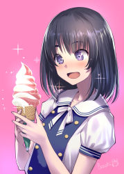 Rule 34 | + +, 1girl, artist name, black hair, bosshi, commentary request, food, highres, himenogi rinze, ice cream, love r, original, pink background, puffy short sleeves, puffy sleeves, purple eyes, sailor collar, school uniform, serafuku, short hair, short sleeves, simple background, smile, soft serve, solo, sparkle, upper body, white sailor collar