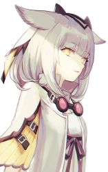 Rule 34 | 1girl, arknights, bow, commentary request, feather hair, goggles, goggles around neck, highres, orange eyes, owl ears, owl girl, parted lips, pointy hair, ptilopsis (arknights), ribbon, solo, white background, white hair, yuhiko (unayuhi)