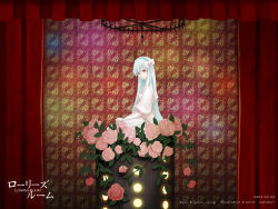 Rule 34 | 1girl, alternate hairstyle, bad id, bad pixiv id, blue hair, chandelier, curtains, dress, flower, hair ribbon, hairband, hatsune miku, long hair, lowry&#039;s room (vocaloid), onohana, pink flower, pink rose, red eyes, ribbon, rose, seiza, sitting, solo, very long hair, vocaloid