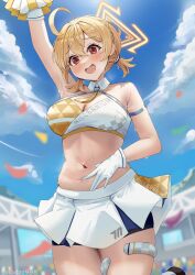 Rule 34 | 1girl, ahoge, arm up, blonde hair, blue archive, blue sky, breasts, cheerleader, cleavage, cloud, day, gloves, hair between eyes, halo, highres, holding, holding pom poms, kotori (blue archive), kotori (cheer squad) (blue archive), medium breasts, midriff, millennium cheerleader outfit (blue archive), navel, official alternate costume, open mouth, outdoors, plump, pom pom (cheerleading), pom poms, red eyes, short hair, skirt, sky, smodzz998, solo, stadium, stomach, sweat, triangle halo, white gloves, white skirt, yellow halo