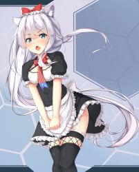 Rule 34 | 1girl, american flag, american flag print, animal ears, apron, azur lane, black dress, black thighhighs, blue eyes, blush, bow, cat ears, commentary request, dress, flag print, frilled apron, frills, hair between eyes, hair bow, hammann (azur lane), highres, long hair, looking at viewer, meimei (suiginto6106), one side up, open mouth, print neckwear, puffy short sleeves, puffy sleeves, red bow, short sleeves, silver hair, solo, thighhighs, very long hair, waist apron, white apron