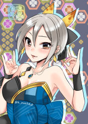 Rule 34 | 1girl, arm warmers, bare shoulders, black arm warmers, black eyes, black ribbon, blue bow, blush, bow, breasts, character name, cleavage, collarbone, dot nose, double fox shadow puppet, dress bow, earrings, fox shadow puppet, grey hair, hair between eyes, hair bow, hands up, idolmaster, idolmaster cinderella girls, idolmaster cinderella girls starlight stage, japanese clothes, jewelry, kimono, kisekisaki, looking at viewer, medium breasts, multicolored background, necklace, parted lips, ribbon, shiomi syuko, short hair, single arm warmer, single strap, sleeveless, sleeveless kimono, smile, solo, twitter username, two-tone kimono, upper body, wrist ribbon, yellow ribbon