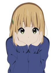 Rule 34 | 10s, 1girl, blonde hair, brown hair, green eyes, hair ornament, hairclip, hairpin, head rest, highres, looking at viewer, school uniform, short hair, simple background, smile, solo, staring, sweater, tamako market, tokiwa midori, upper body, white background