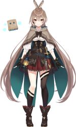 Rule 34 | 1girl, ahoge, ankle boots, asymmetrical legwear, azuuru, bag, belt, belt buckle, belt pouch, bodice, boots, bow, breasts, brown bow, brown capelet, brown cloak, brown corset, brown eyes, brown gloves, brown hair, buckle, cape, capelet, cleavage, cleavage cutout, cloak, clothing cutout, corset, dagger, eyelashes, feather hair ornament, feathers, friend (nanashi mumei), frilled skirt, frills, full body, gears, gloves, hair ornament, hieroglyphics, high collar, high ponytail, highres, hololive, hololive english, hood, hood down, hooded cloak, knee strap, kneehighs, knife, lantern, long hair, multicolored hair, multiple views, nanashi mumei, nanashi mumei (1st costume), official art, paper bag, partially fingerless gloves, pigeon-toed, pleated skirt, ponytail, pouch, red skirt, ribbon, rope belt, runes, sheath, sheathed, shirt, sidelocks, simple background, single kneehigh, single sock, single thighhigh, skirt, smile, socks, split ponytail, standing, streaked hair, thigh strap, thighhighs, turnaround, uneven legwear, very long hair, virtual youtuber, weapon, white shirt, wide ponytail