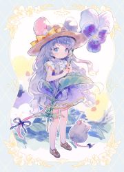 Rule 34 | 1girl, :&lt;, animal ears, blue eyes, closed mouth, conago, dress, flower, full body, hat, hat ribbon, highres, holding, holding flower, long hair, mouse ears, mouse tail, original, pansy, personification, purple dress, purple hair, purple ribbon, ribbon, standing, tail, tail ornament, tail ribbon, yellow ribbon