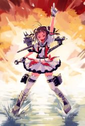 Rule 34 | 1girl, antenna hair, brown hair, closed eyes, double bun, explosion, gloves, hair bun, index finger raised, kantai collection, microphone, naka (kancolle), open mouth, saturday night fever, school uniform, serafuku, standing, thighhighs, water, white thighhighs