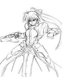 Rule 34 | 00s, 1girl, armor, dress, gauntlets, greyscale, holding, holding sword, holding weapon, laevatein (nanoha), long sleeves, looking at viewer, lyrical nanoha, mahou shoujo lyrical nanoha, mahou shoujo lyrical nanoha a&#039;s, monochrome, serious, signum, simple background, sketch, solo, standing, sword, uka, unsheathed, weapon, white background