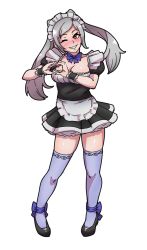 Rule 34 | 1girl, akairiot, alternate costume, apron, blue thighhighs, breasts, brown eyes, cleavage, enmaided, fire emblem, fire emblem awakening, full body, grey hair, head tilt, heart, heart hands, highres, maid, maid apron, maid headdress, my unit, nintendo, one eye closed, robin (female) (fire emblem), robin (fire emblem), robin (male) (fire emblem), shoes, smile, solo, super smash bros., thighhighs, transparent background, twintails