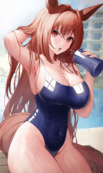 Rule 34 | 1girl, absurdres, animal ears, arm up, armpits, bare shoulders, blush, breasts, brown eyes, bsmage, daiwa scarlet (umamusume), highres, horse ears, horse girl, horse tail, large breasts, long hair, looking at viewer, pool, sidelocks, sitting, skindentation, solo, swimsuit, tail, thighs, umamusume, very long hair, wet, wet clothes, wet swimsuit