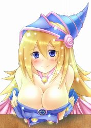 Rule 34 | 1girl, bare shoulders, blush, blush stickers, boots, breast rest, breasts, choker, cleavage, dark magician girl, duel monster, female focus, fingerless gloves, gloves, hat, large breasts, long hair, pentacle, ryuu (blackdeeno), smile, solo, table, wizard hat, yu-gi-oh!, yu-gi-oh! duel monsters