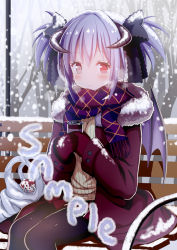Rule 34 | 1girl, :o, bag, bench, black bow, black pantyhose, blush, bow, breath, brown eyes, brown sweater, can, coat, copyright request, curled horns, day, demon girl, demon horns, demon wings, fringe trim, fur-trimmed coat, fur trim, givuchoko, gloves, hair between eyes, hair bow, holding, holding can, horns, long hair, long sleeves, looking at viewer, on bench, open clothes, open coat, outdoors, pantyhose, park bench, parted lips, plastic bag, pleated skirt, purple hair, purple wings, red coat, red eyes, red gloves, red skirt, ribbed sweater, sample watermark, scarf, shopping bag, sitting, skirt, snow, snowing, solo, sweater, tree, twintails, watermark, wings