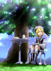 Rule 34 | 1girl, blonde hair, book, chair, cloud, crescent, cup, day, female focus, hat, highres, kazetto, light rays, lunasa prismriver, mountain, short hair, sitting, sky, smile, solo, sunbeam, sunlight, teacup, teapot, touhou, tree, yellow eyes