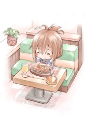 Rule 34 | 10s, 1girl, ^ ^, basket, blush stickers, booth seating, bread, brown hair, chibi, commentary, drink, closed eyes, flying sweatdrops, folded ponytail, food, fork, fujishima shinnosuke, glass, hair between eyes, highres, inazuma (kancolle), kantai collection, knife, plant, potted plant, restaurant, school uniform, serafuku, solo, sparkle, steak