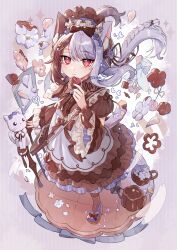 Rule 34 | 1girl, animal ear fluff, animal ears, apron, blush, brown dress, brown hair, brown pantyhose, cat, cat ears, cat girl, cat tail, commentary, dress, dutch angle, flag, flower, food, highres, light frown, long hair, looking at viewer, mirror, multicolored hair, original, pantyhose, petals, pink flower, pudding, purple apron, purple background, purple flower, purple footwear, purple hair, railing, red eyes, simple background, socks, split-color hair, striped background, symbol-only commentary, tail, tsukumi bis