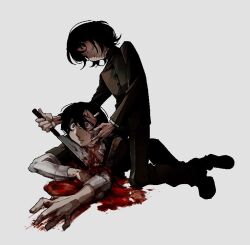 Rule 34 | 2boys, black eyes, black hair, black jacket, black pants, blood, blood on hands, buttons, cleaver, commission, grey eyes, hair between eyes, hair ornament, hairclip, imminent death, injury, iolite1018, jacket, lying, multiple boys, murder, on stomach, original, pants, pool of blood, scared, simple background, slit throat, straddling, white background, wide-eyed