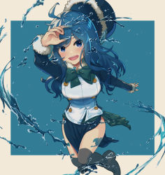 Rule 34 | 1girl, black thighhighs, blue eyes, blue hair, breasts, fairy tail, hat, highres, juvia lockser, large breasts, leg tattoo, long hair, open mouth, smile, tagme, tattoo, tattoo on legs, thick thighs, thighhighs, thighs