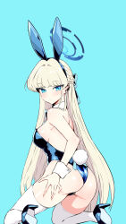 Rule 34 | 1girl, absurdres, animal ears, ass, black footwear, black leotard, blonde hair, blue archive, blue background, blue eyes, blue halo, blush, braid, breasts, closed mouth, commentary, detached collar, fake animal ears, halo, high heels, highres, leotard, long hair, looking at viewer, medium breasts, mr tangsuyuk, official alternate costume, panties, rabbit ears, simple background, solo, strapless, strapless leotard, toki (blue archive), toki (bunny) (blue archive), underwear, white panties, white wrist cuffs, wrist cuffs