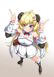 Rule 34 | 1girl, absurdres, ahoge, animal ears, bare shoulders, belt pouch, black footwear, blonde hair, blush, boots, bow, breasts, cape, closed mouth, curled horns, detached sleeves, dress, full body, fur-trimmed boots, fur-trimmed dress, fur-trimmed sleeves, fur trim, grey background, hair ornament, hairclip, highres, hololive, horns, index finger raised, large breasts, long hair, nyang-kaz, pink cape, pointing, pointing up, pouch, purple eyes, red bow, ribbed sleeves, sheep ears, sheep girl, sheep horns, simple background, sleeveless, sleeveless dress, smile, solo, standing, tsunomaki watame, tsunomaki watame (1st costume), two-sided cape, two-sided fabric, virtual youtuber, white dress