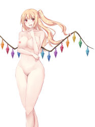Rule 34 | aged up, blonde hair, breasts, cleavage, collarbone, crystal, female pubic hair, flandre scarlet, highres, large breasts, licking, licking finger, long hair, mayor, navel, nipples, pubic hair, red eyes, short hair, side ponytail, simple background, solo, tongue, tongue out, touhou, white background, wings