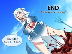 Rule 34 | 1boy, 1girl, :q, animal hood, beach, blood, blood on clothes, blood on face, blood on hands, blood on penis, blue eyes, blue hair, blue hoodie, blue sky, blush, cannibalism, castration, censored, commentary request, day, dutch angle, eating, english text, ero guro, fins, fish bone print, fish tail, gawr gura, gawr gura (1st costume), grey hair, guro, hair ornament, hetero, highres, hololive, hololive english, hood, hood down, hoodie, long sleeves, mixed-language text, mosaic censoring, multicolored hair, multilingual, one eye closed, one side up, outdoors, penis, polearm, pov, severed penis, shark girl, shark hair ornament, shark hood, shark tail, short hair, sky, smile, streaked hair, tail, testicles, the end (phrase), tongue, tongue out, trident, virtual youtuber, weapon, yuuki takara