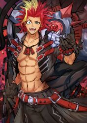 Rule 34 | 1boy, abs, absurdres, adeshi (adeshi0693119), black gloves, black panties, blonde hair, boots, brown footwear, commentary request, cowboy shot, cropped jacket, demon-carving demonsmith, duel monster, explosion, fangs, gloves, green eyes, highres, looking at viewer, male focus, multicolored hair, no shirt, open mouth, panties, red hair, shoulder pads, skull print, spiked hair, streaked hair, underwear, yu-gi-oh!