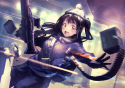 Rule 34 | 1girl, beanie, belt, black hair, blush, box, broken, brown eyes, brown hair, building, bullet, dutch angle, gloves, gun, hat, highres, holding, holding gun, holding weapon, idolmaster, idolmaster cinderella girls, lens flare, light particles, long hair, long sleeves, looking at viewer, looking to the side, machine gun, motion blur, noname (metaldragonfly), one side up, open mouth, outstretched arms, parody, pocket, pom pom (clothes), shell casing, shimamura uzuki, solo, tom clancy&#039;s the division, turtleneck, weapon, weapon request, white hat, zipper