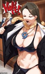 1boy 1girl ace_attorney black_bra black_panties bra breasts closed_eyes earrings highres jewelry large_breasts magatama magatama_necklace mia_fey mole mole_under_mouth navel necklace open_clothes open_mouth open_shirt orphen_(pink_seito) panties phoenix_wright public_indecency scarf stomach toned toned_female underwear undressing yellow_scarf