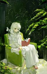 Rule 34 | 1girl, angel, armchair, book, bow, chair, closed mouth, collar, collared dress, dated, dress, english text, expressionless, frilled collar, frilled sleeves, frills, green theme, grey eyes, hair bow, highres, holding, holding quill, kikihuihui, long hair, looking at viewer, mary janes, original, puffy sleeves, quill, red footwear, red ribbon, ribbon, shoes, single shoe, sitting, socks, solo, tied sleeves, tree, white bow, white dress, white hair, white socks