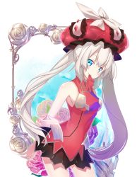 Rule 34 | 1girl, arched back, arm behind back, black skirt, blue eyes, blush, breasts, closed mouth, cowboy shot, fate/grand order, fate (series), floral background, flower, glove in mouth, gloves, grey hair, hat, holding own arm, long hair, looking at viewer, marie antoinette (fate), medium breasts, mouth hold, nyori, pleated skirt, red gloves, red hat, rose, sidelocks, simple background, skirt, smile, solo, twintails, unworn gloves, very long hair, white background, white flower, white rose