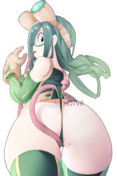 Rule 34 | 1girl, alternate breast size, ass, ass focus, asui tsuyu, black eyes, boku no hero academia, breasts, gloves, goggles, green hair, hot vr, large breasts, leotard, long hair, long tongue, pixiv username, simple background, solo, thigh gap, thighhighs, thong leotard, tongue, tongue out, wedgie, white background