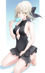Rule 34 | 1girl, absurdres, artoria pendragon (alter swimsuit rider) (fate), artoria pendragon (alter swimsuit rider) (first ascension) (fate), artoria pendragon (fate), bare arms, bare shoulders, barefoot, black bow, black one-piece swimsuit, blonde hair, bow, braid, breasts, cleavage, cleavage cutout, clothing cutout, collarbone, commentary request, covered navel, fate/grand order, fate (series), food, french braid, frilled swimsuit, frills, full body, hair bow, highres, holding, holding food, kneeling, kuma (wctv5527), looking at viewer, maid headdress, medium breasts, navel, one-piece swimsuit, popsicle, short hair, sideboob, solo, swimsuit, thigh strap, yellow eyes