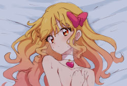 Rule 34 | 1girl, :i, aftersex, aikatsu! (series), aikatsu stars!, bare shoulders, bed sheet, blonde hair, bow, choker, close-up, closed mouth, collarbone, gradient hair, hair bow, hair down, hand on own chest, heart, heart choker, highres, kumahubuki, long hair, looking at viewer, multicolored hair, nijino yume, nude, on bed, orange eyes, pink bow, pink hair, portrait, pout, sketch, sweat, tsundere, wavy hair, white choker