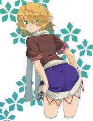 1girl :&lt; ass bad_id bad_pixiv_id blonde_hair female_focus from_behind green_eyes ke-su mizuhashi_parsee pointy_ears scarf short_hair solo touhou white_background