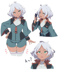 Rule 34 | 1girl, asticassia school uniform, commentary request, cropped legs, cropped shoulders, cropped torso, dark-skinned female, dark skin, eitopondo, fingernails, flying sweatdrops, green eyes, green jacket, green shorts, grey hair, gundam, gundam suisei no majo, halter shirt, halterneck, highres, holding, holding phone, jacket, long sleeves, looking at viewer, looking up, multiple views, nail polish, notice lines, open mouth, partially unzipped, phone, school uniform, secelia dote, shirt, short hair, shorts, simple background, smile, sweatdrop, thighhighs, translation request, white background, white nails, white shirt, white thighhighs