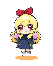 Rule 34 | 1girl, aikatsu!, aikatsu! (series), blonde hair, blue coat, blush, boots, chibi, closed mouth, coat, colored shadow, commentary, full body, hair between eyes, hair ribbon, hairband, hoshimiya ichigo, knee boots, long hair, long sleeves, mittens, nozo (hitomiz), pink mittens, red eyes, red hairband, red ribbon, ribbon, shadow, simple background, smile, solo, standing, standing on one leg, symbol-only commentary, very long hair, white background, white footwear