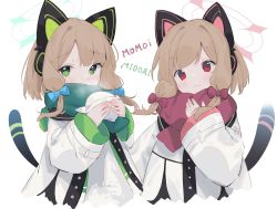 Rule 34 | 2girls, :3, animal ear headphones, animal ears, asymmetrical bangs, baozi, blue archive, blue bow, blush, bow, cat ear headphones, cat tail, character name, covered mouth, eip (pepai), fake animal ears, food, green eyes, green scarf, hair bow, halo, hand on own chest, headphones, highres, holding, holding food, jacket, layered clothes, light blush, light brown hair, long sleeves, looking at viewer, medium hair, midori (blue archive), momoi (blue archive), multicolored clothes, multicolored jacket, multiple girls, open clothes, open jacket, parted bangs, red bow, red eyes, red scarf, scarf, siblings, simple background, sisters, steam, tail, upper body, white background, white jacket, wide sleeves