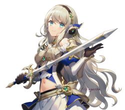 Rule 34 | 1girl, aqua eyes, armor, bare shoulders, black gloves, black headband, breasts, character request, closed mouth, detached sleeves, dot nose, genshin impact, gloves, headband, highres, holding, holding sword, holding weapon, kikugetsu, light brown hair, long hair, looking at viewer, medium breasts, midriff, navel, smile, solo, sword, transparent background, weapon